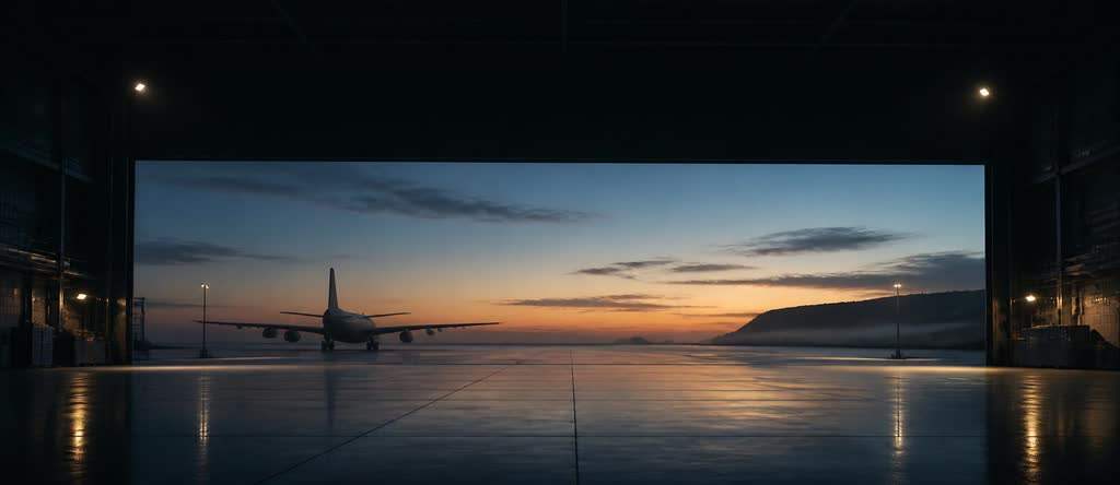 An open hangar door at dawn with a distant aircraft silhouette on the apron