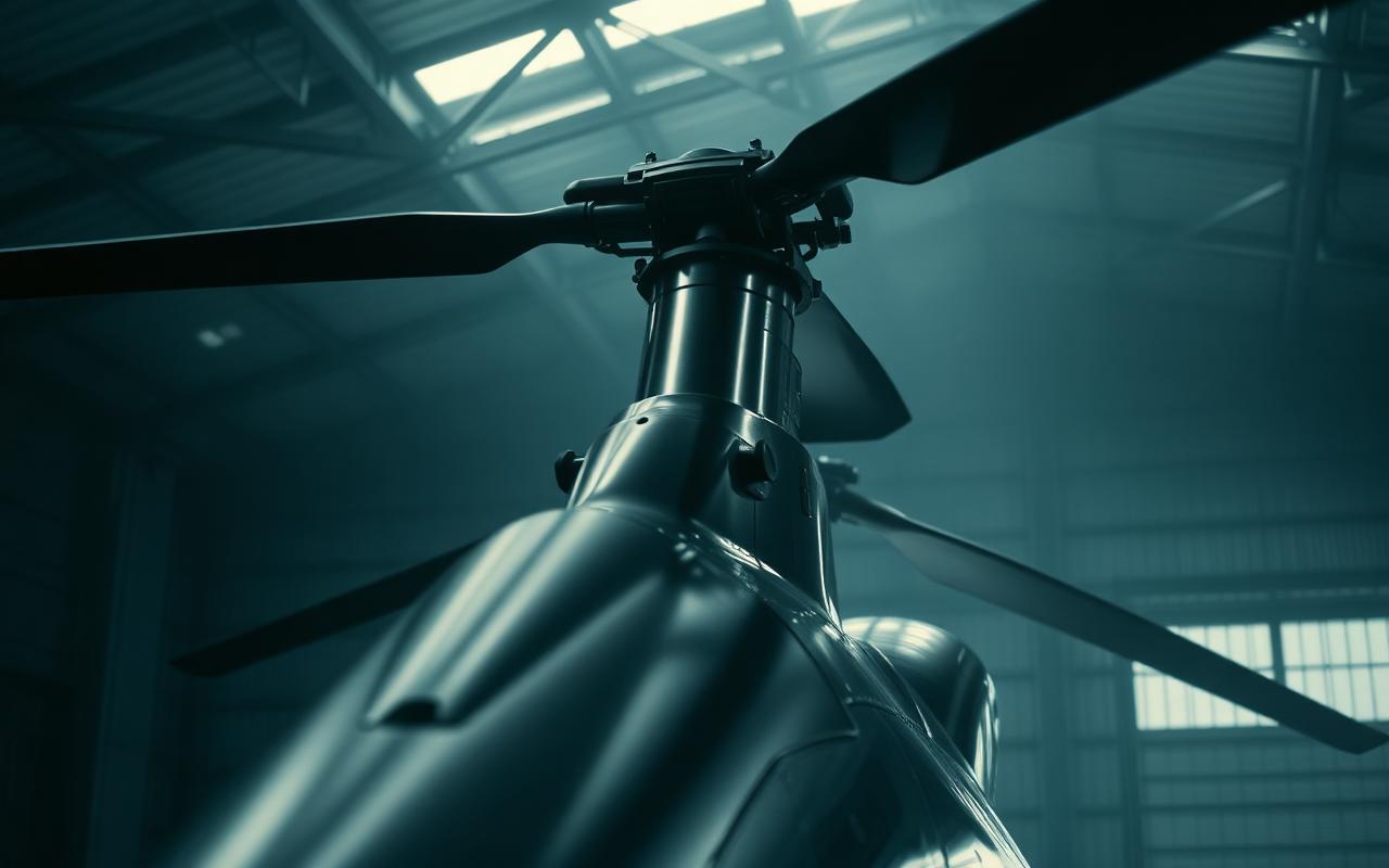 Helicopter rotor and mast detail inside a dim aircraft hangar