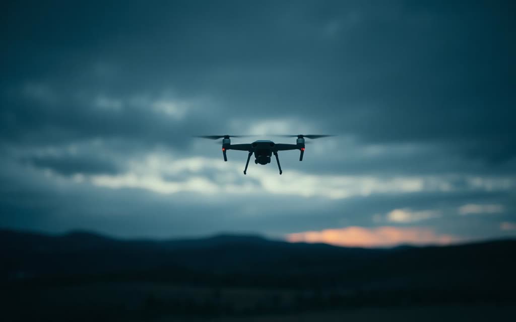 A small unmanned aircraft in flight over dark terrain at dusk