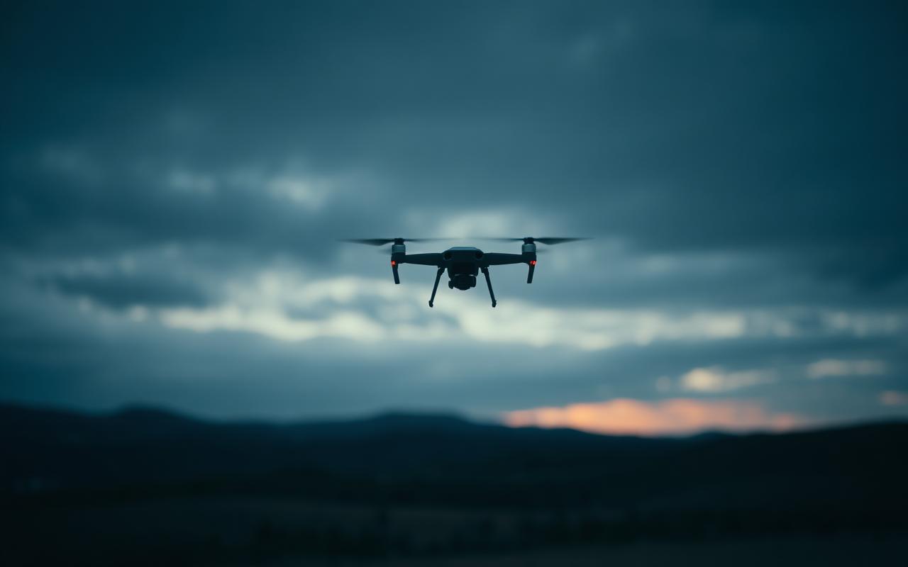 A small unmanned aircraft in flight over dark terrain at dusk