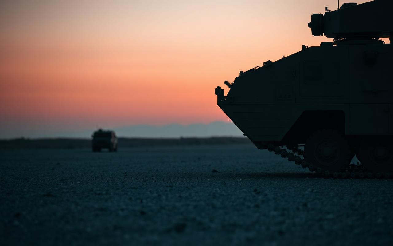 Armoured vehicle silhouette on a testing ground at dusk