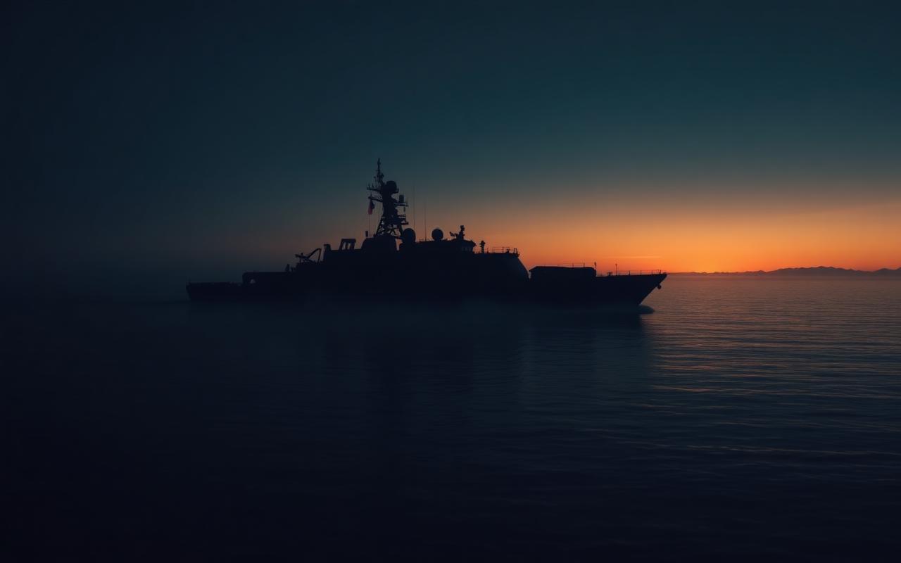Patrol vessel silhouette on calm water at dawn