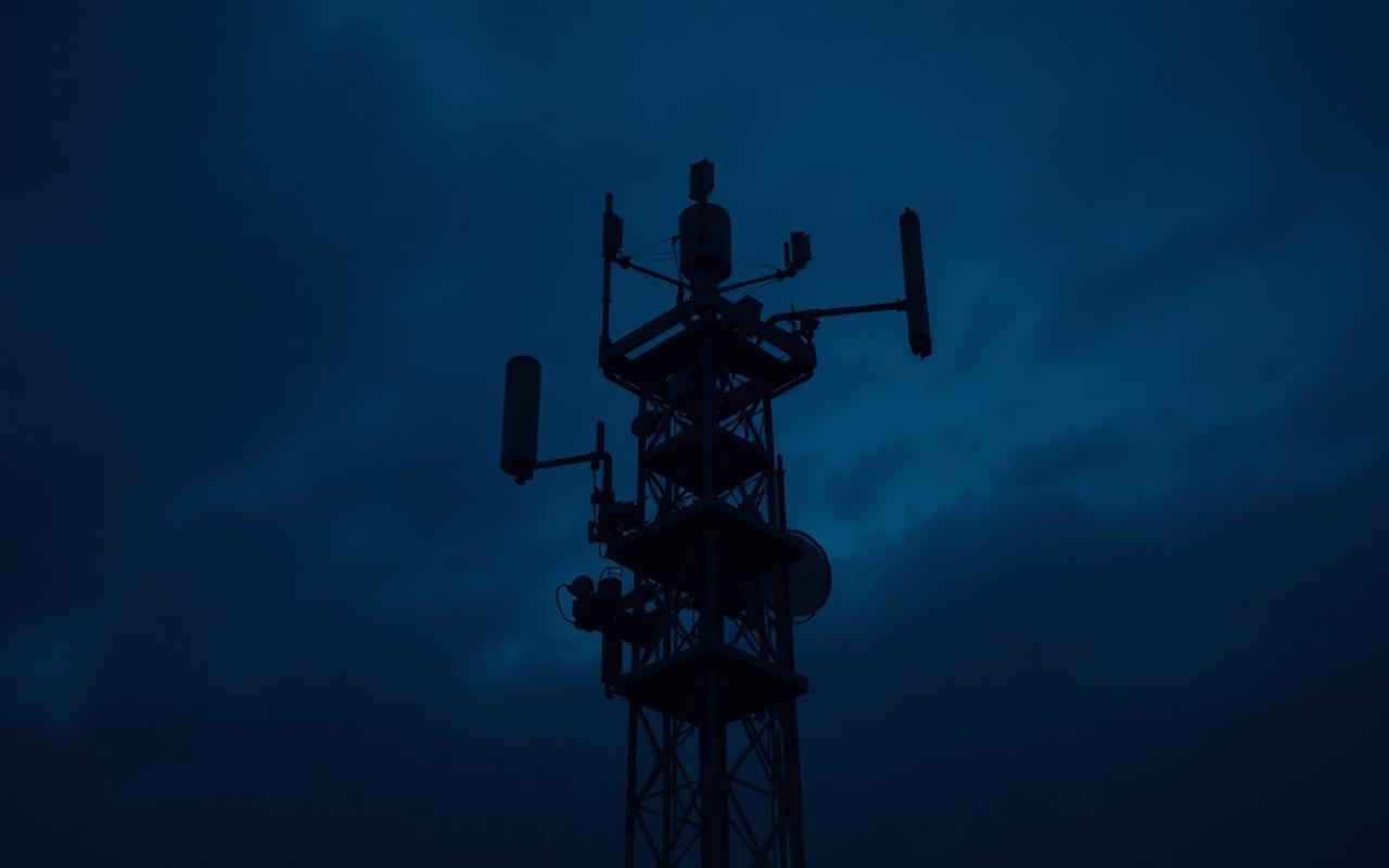 Sensor and communications mast against a dark evening sky