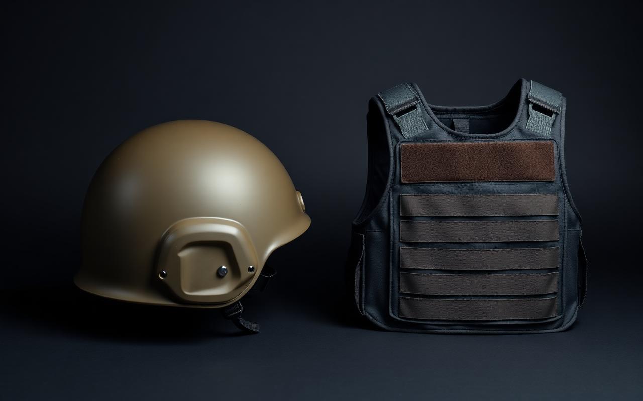 Ballistic helmet and protective vest presented in a dark studio