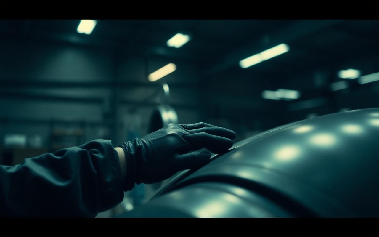 An engineer performing precision maintenance in a dim hangar