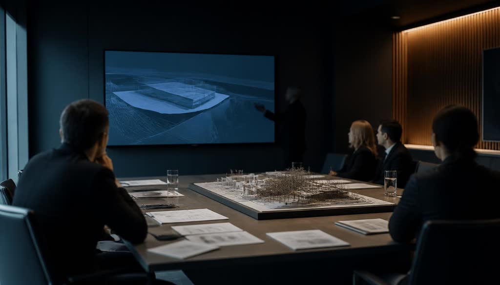 An institutional programme briefing room with technical documents and an engineering model