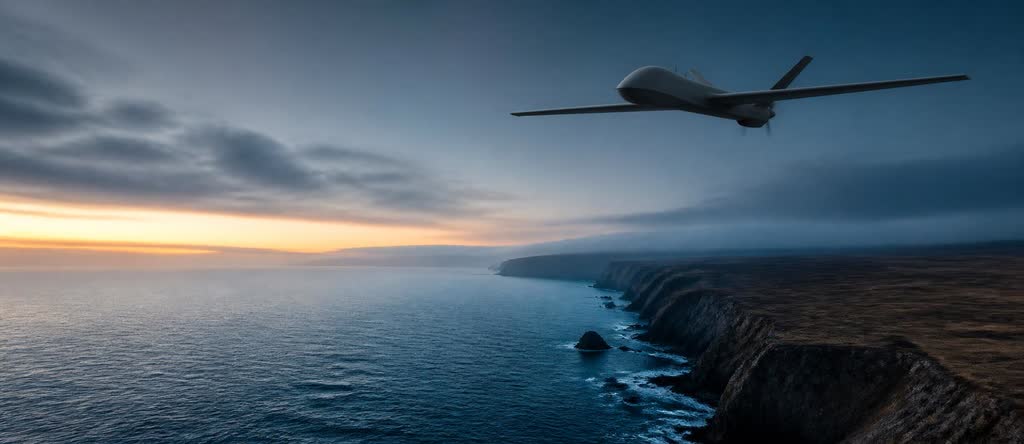 An unbranded high-altitude unmanned aircraft flying above a rugged coastline at blue hour