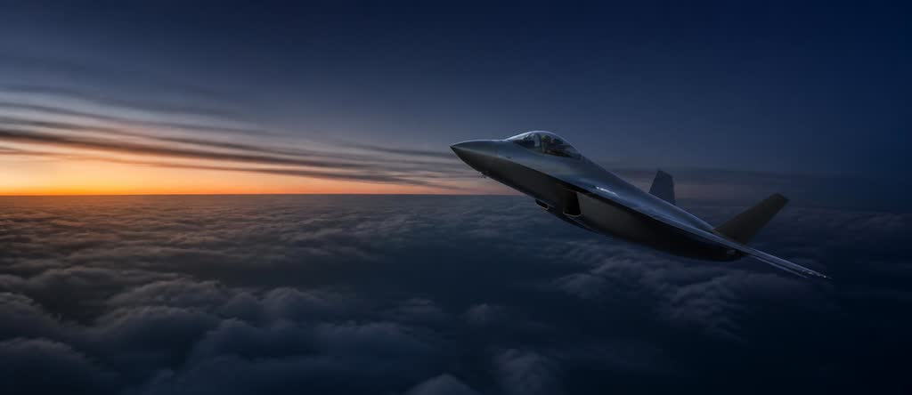 An unbranded modern fast-jet aircraft banking above a cloud layer at blue hour