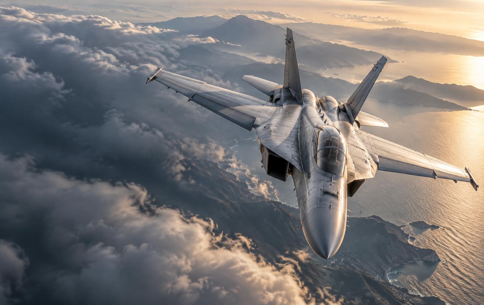 An unbranded modern fast-jet aircraft banking above a cloud layer at blue hour