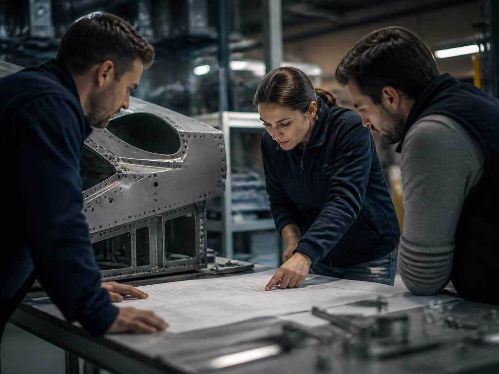 Aerospace engineers reviewing drawings beside an unbranded airframe subassembly