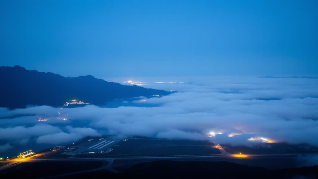 A coastline, airfield and mountainous hinterland under low cloud at blue hour