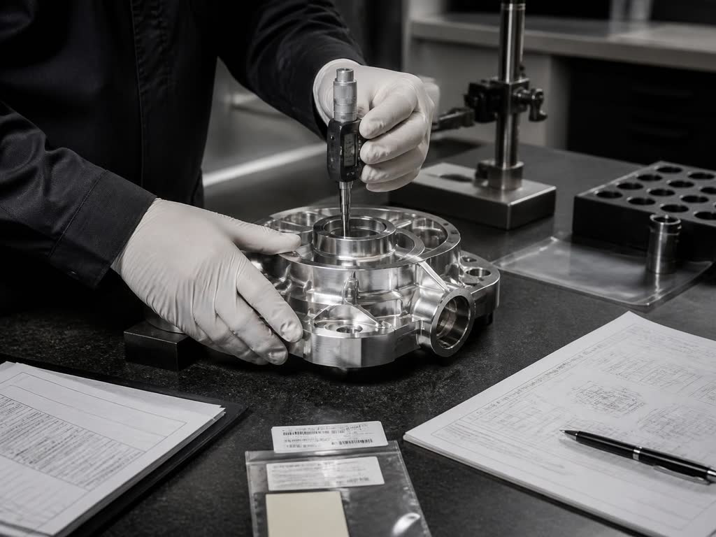 Gloved hands measuring a machined component beside verification and provenance paperwork
